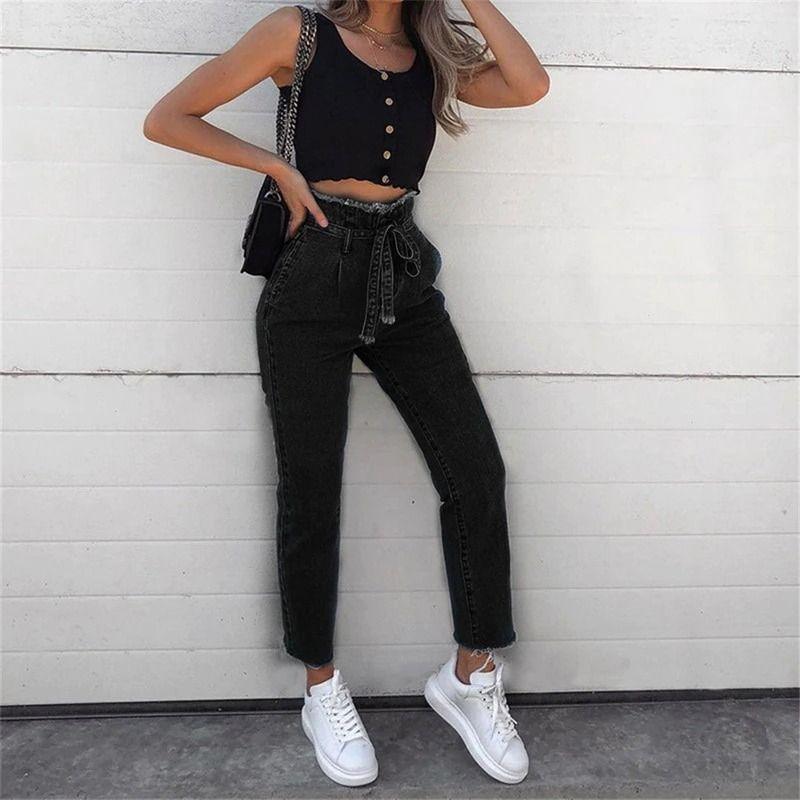 Women's Jeans High-Rise Frayed Lace-Up Jeans