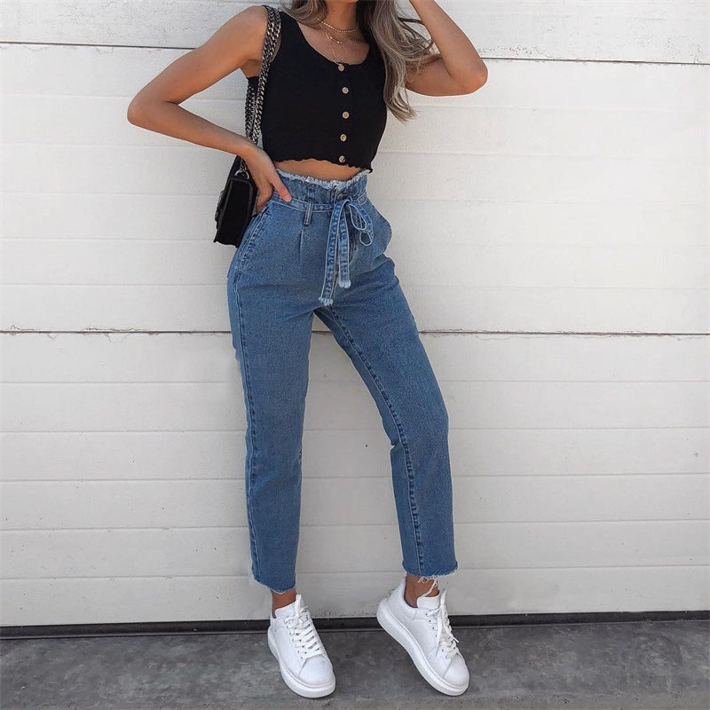 Women's Jeans High-Rise Frayed Lace-Up Jeans