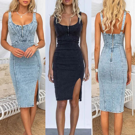 Cross-border Amazon Independent Station U-neck Sling Distressed Casual Style Denim Dress