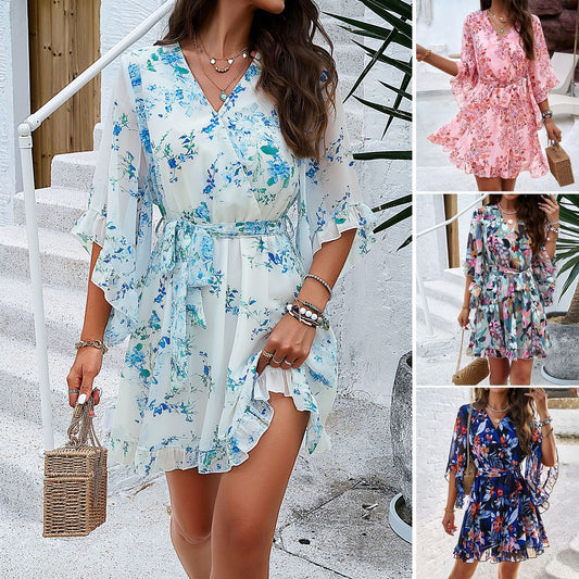 Summer Floral Print Short Sleeve Dress Lace Up Ruffles Design Fashion Womens Clothing
